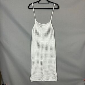 White Open Knit Crochet Mesh Midi Dress Swim Cover Up Spaghetti Strap Scoop L